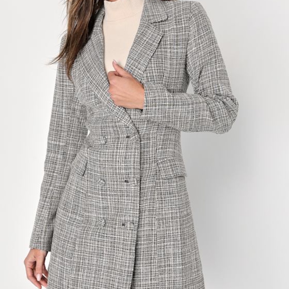 Lulus Deluxe Desire Grey Tweed Long Sleeve Blazer Mini Dress - Size XS
